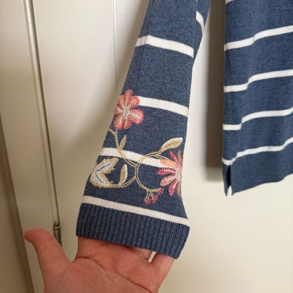 J Jill Sweater Sz XS Petite Blue Striped V Neck Embroidered Hooded Oversized - Picture 7 of 14